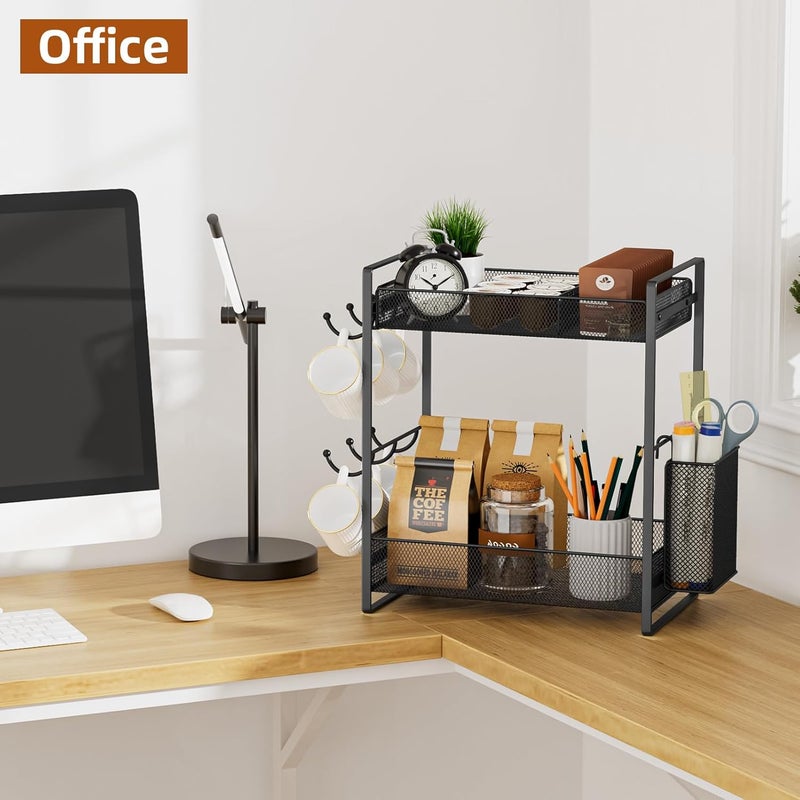 VITVITI Coffee Bar Organizer with Mug Holder, Metal Coffee Station Organizer for Countertop, 2 Tier Cup Mug Holders Rack with Basket for Kitchen Office, Black - Image 5